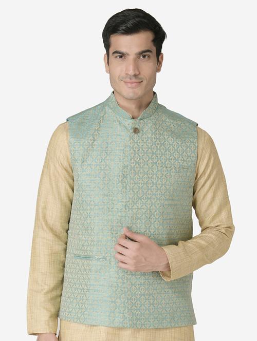 green jacquard silk blend nehru jacket - 17454587 - Very Small Image - 1