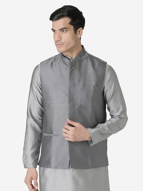 blue jacquard silk blend nehru jacket - 17454592 - Very Small Image - 1