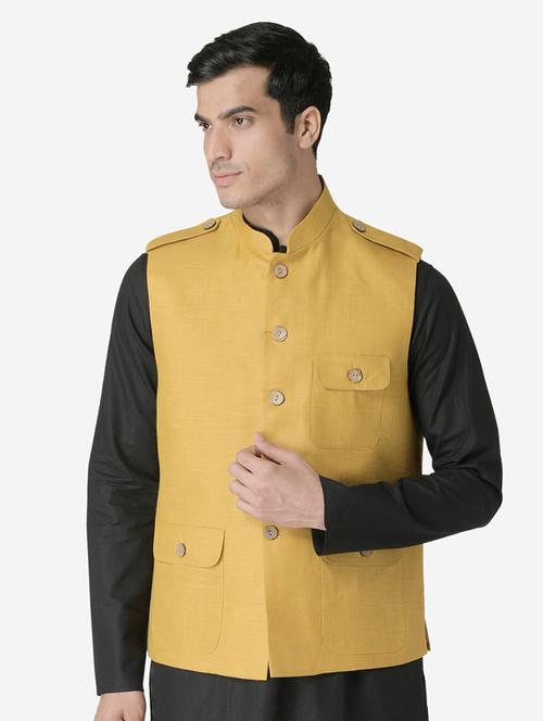 yellow solid nehru jacket - 17454599 - Very Small Image - 1