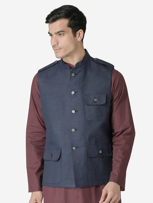 navy blue solid nehru jacket - 17454605 - Very Small Image - 1
