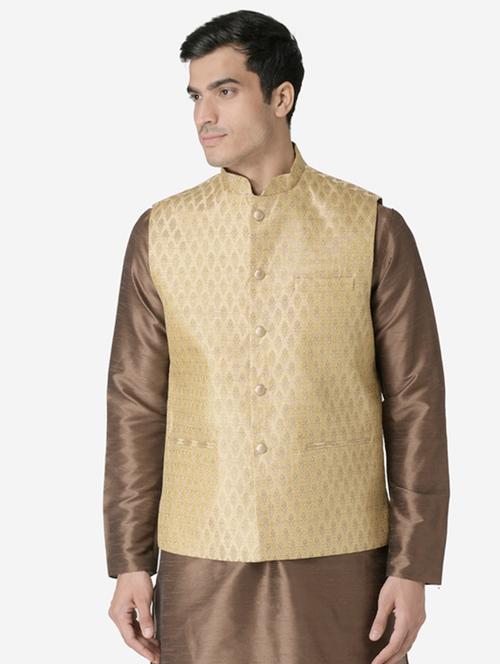 beige jacquard silk blend nehru jacket - 17454606 - Very Small Image - 1