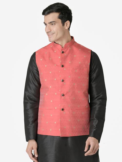 red jacquard silk blend nehru jacket - 17454608 - Very Small Image - 1
