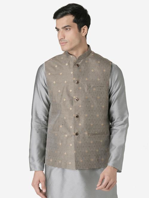 grey jacquard silk blend nehru jacket - 17454610 - Very Small Image - 1