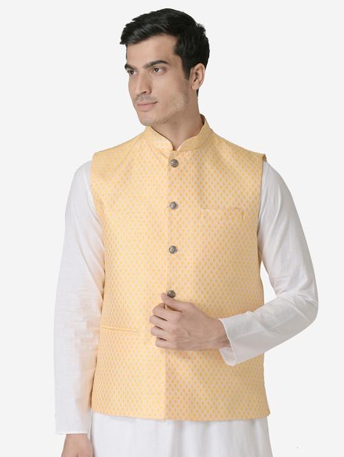 yellow jacquard silk blend nehru jacket - 17454612 - Very Small Image - 1
