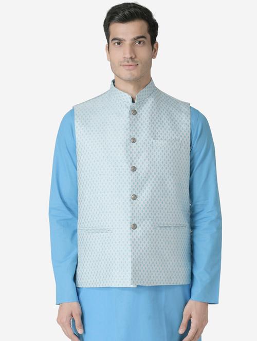 light blue jacquard silk blend nehru jacket - 17454614 - Very Small Image - 1