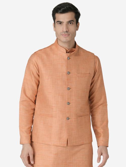 orange solid silk blend nehru jacket - 17454622 - Very Small Image - 1