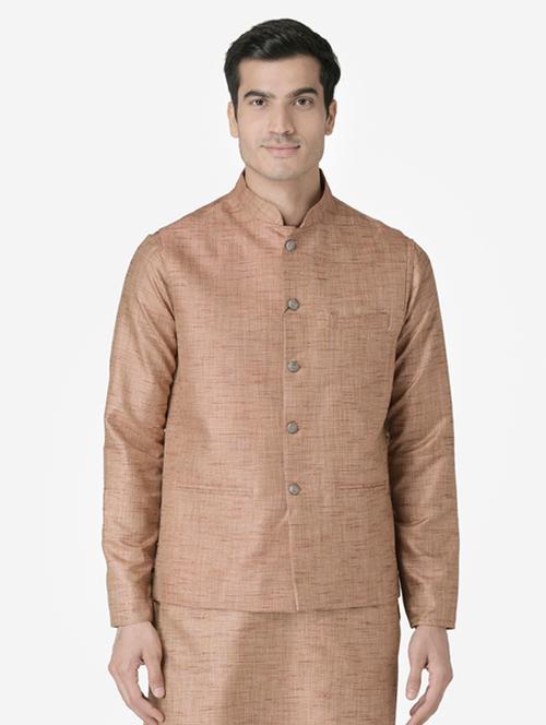brown solid silk blend nehru jacket - 17454623 - Very Small Image - 1