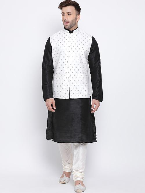 black solid kurta pyjama set with white printed nehru jacket - 17454627 - Very Small Image - 1