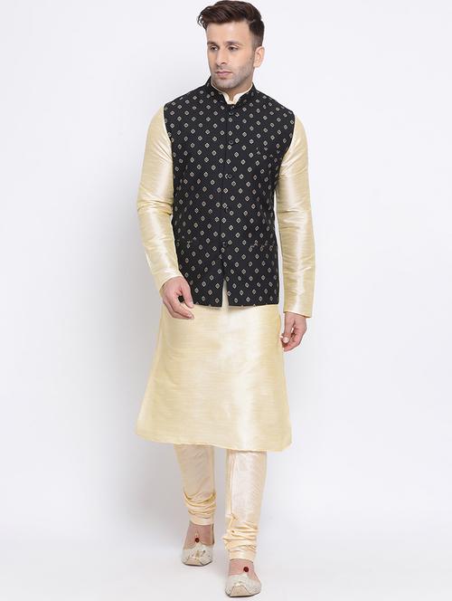 gold solid kurta pyjama set with black printed nehru jacket - 17454631 - Very Small Image - 1