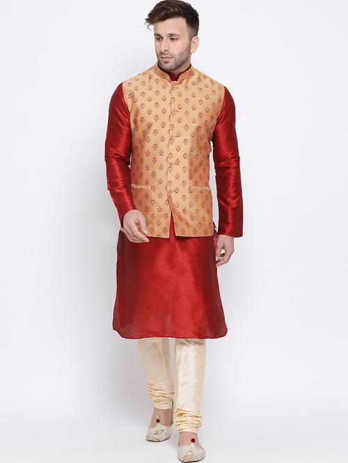 red solid kurta pyjama set with beige printed nehru jacket - 17454633 - Very Small Image - 1