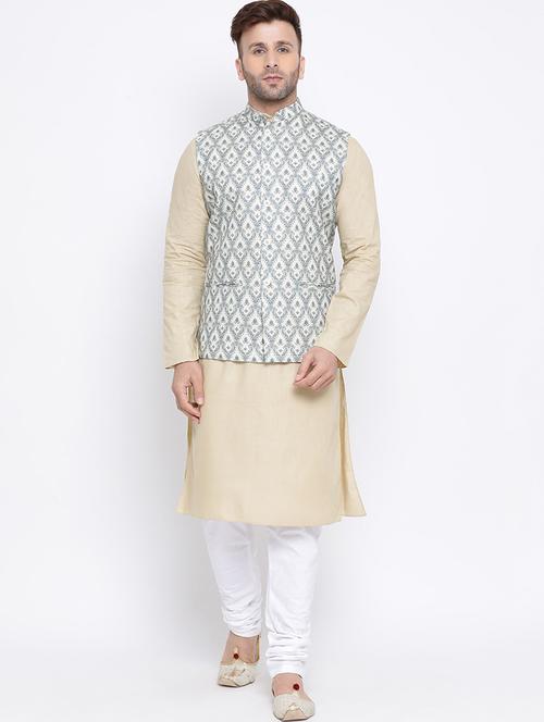 beige solid kurta pyjama set with grey printed nehru jacket - 17454647 - Very Small Image - 1