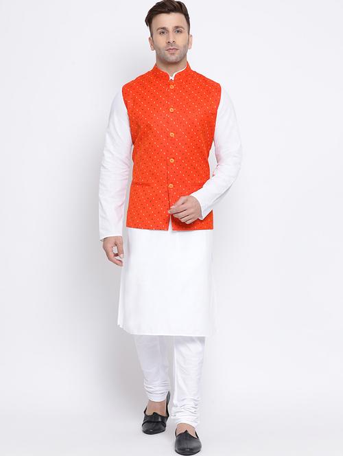 white solid kurta pyjama set with orange printed nehru jacket - 17454649 - Very Small Image - 1