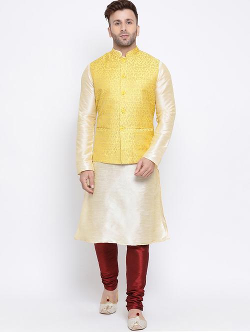 cream solid kurta pyjama set with yellow jacquard nehru jacket - 17454652 - Very Small Image - 1