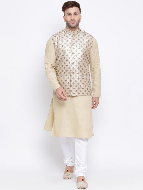 cream solid kurta pyjama set with beige printed nehru jacket - 17454657 - Very Small Image - 1