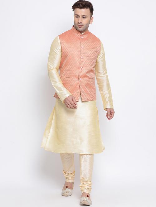gold solid kurta pyjama set with peach jacquard nehru jacket - 17454661 - Very Small Image - 1