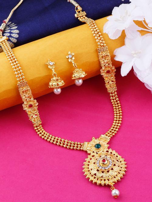 gold plated brass long necklace with earring - 17456154 - Very Small Image - 1