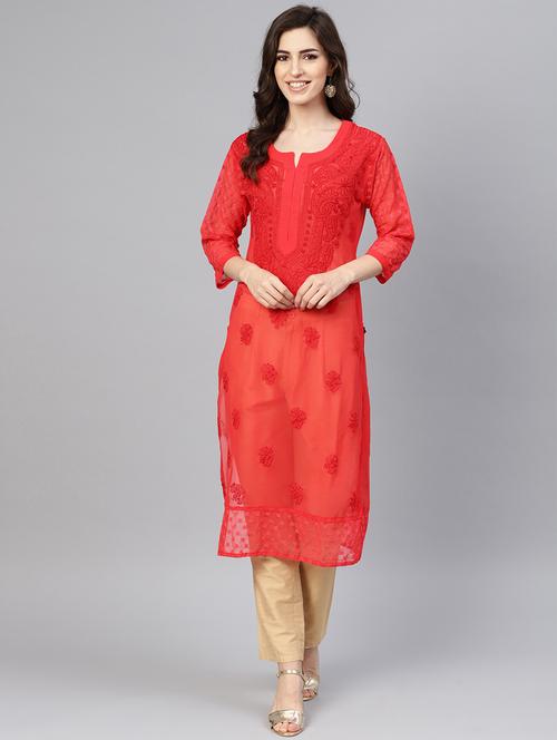 red georgette straight kurta - 17457211 - Very Small Image - 1