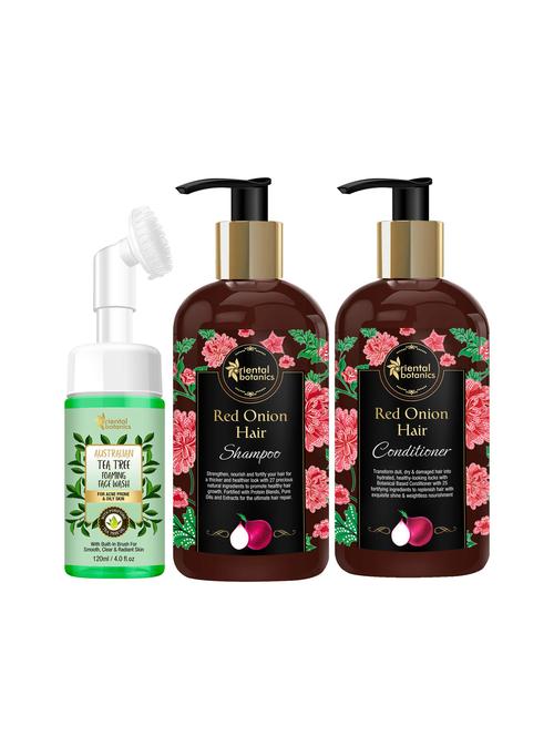 oriental botanics red onion combo | shampoo + conditioner (300ml each) + tea tree face wash 120ml - 17457600 - Very Small Image - 1
