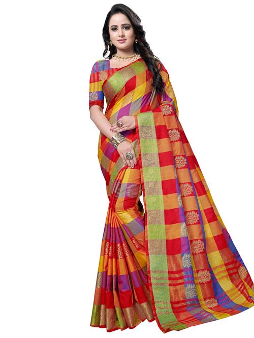 checkered woven saree with blouse - 17458778 - Very Small Image - 1