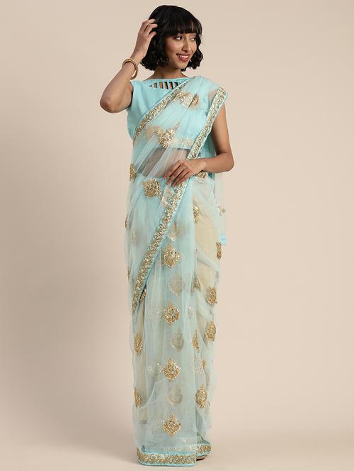 turquoise net printed saree with blouse - 17459992 - Very Small Image - 1