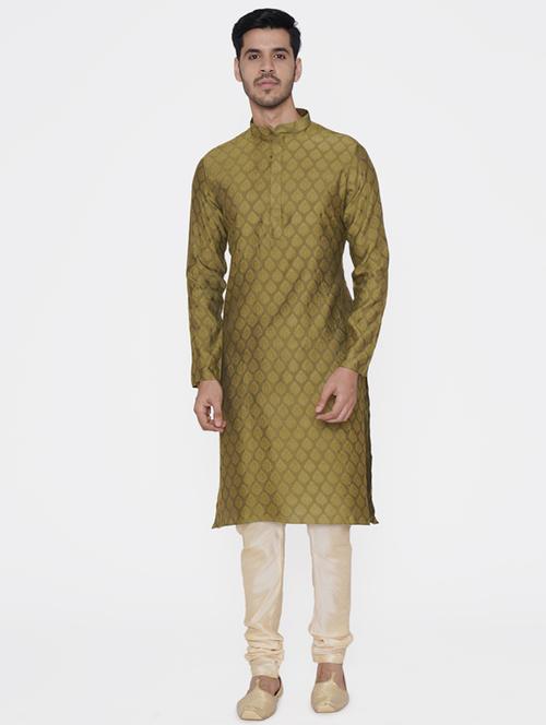 olive green jacquard silk blend kurta pyjama set - 17461510 - Very Small Image - 1