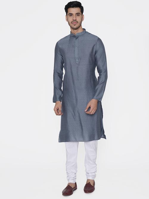 grey embroidered silk blend kurta pyjama set - 17461514 - Very Small Image - 1