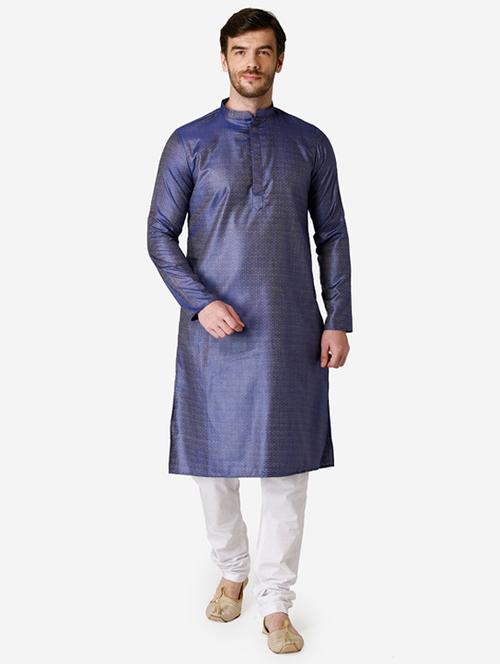 blue self design silk blend kurta pyjama set - 17461526 - Very Small Image - 1