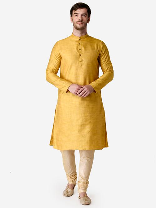 yellow solid silk blend kurta pyjama set - 17461528 - Very Small Image - 1