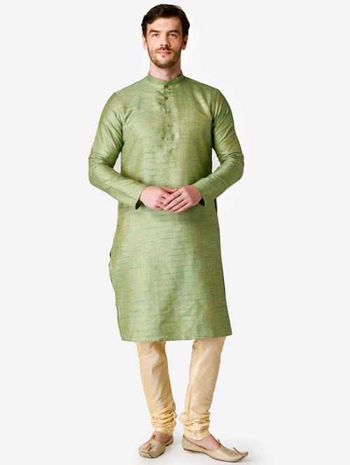 green solid silk blend kurta pyjama set - 17461530 - Very Small Image - 1