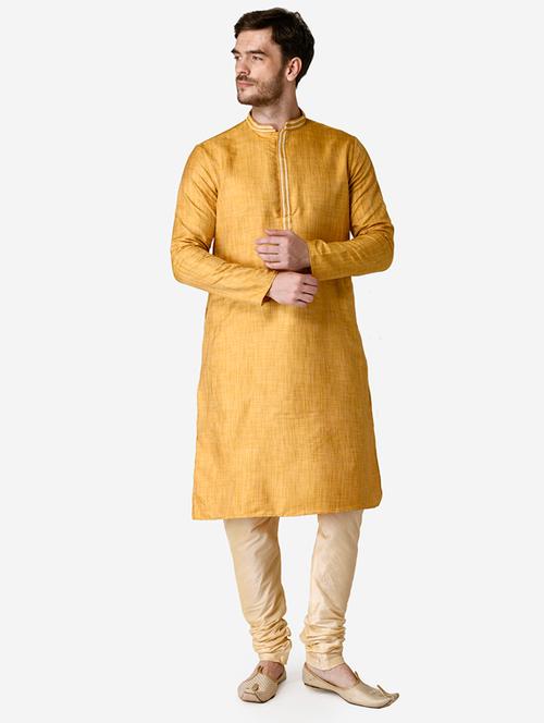 yellow self design silk blend kurta pyjama set - 17461541 - Very Small Image - 1