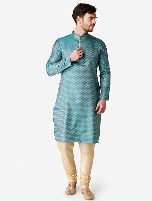 blue printed silk blend kurta pyjama set - 17461544 - Very Small Image - 1