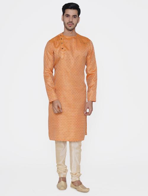 orange jacquard silk blend kurta pyjama set - 17461548 - Very Small Image - 1