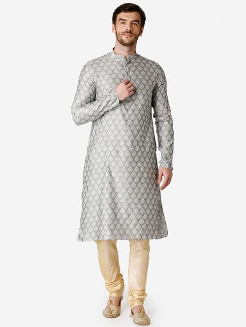 grey printed silk blend kurta pyjama set - 17461575 - Very Small Image - 1