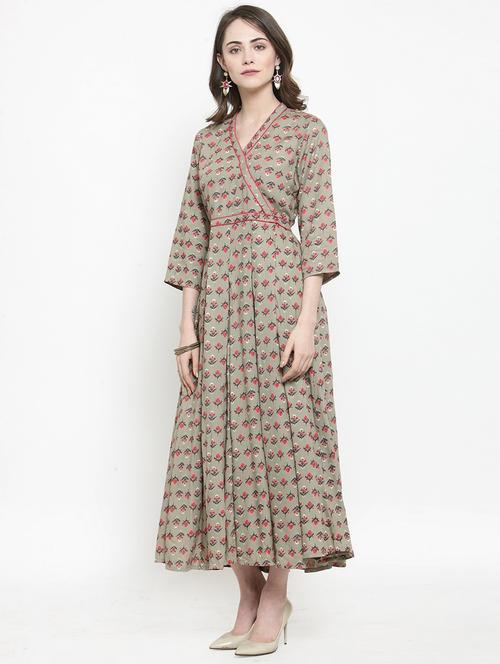 green v-neck floral flared kurta - 17463104 - Very Small Image - 1