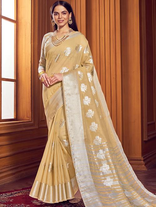 women's self design beige colored saree with blouse - 17463430 - Very Small Image - 1