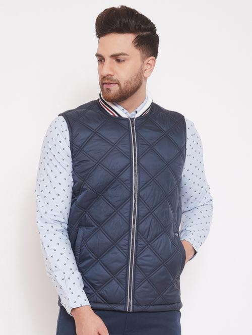 navy blue solid quilted jacket - 17463511 - Very Small Image - 1