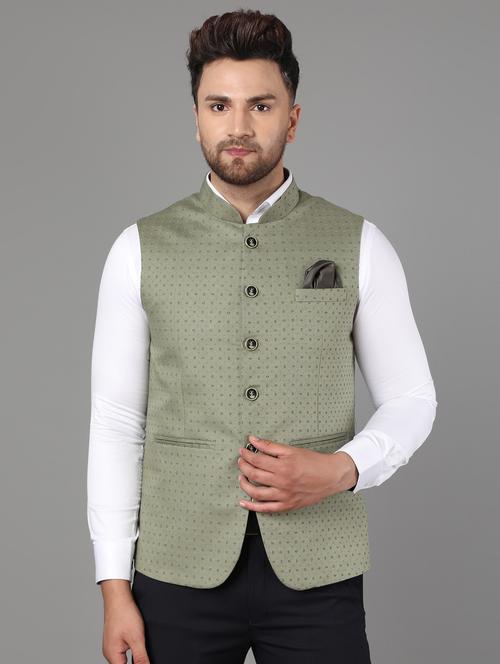 olive green printed nehru jacket - 17464961 - Very Small Image - 1