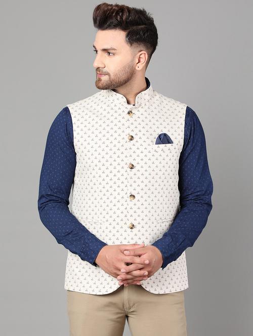 cream printed linen nehru jacket - 17464969 - Very Small Image - 1