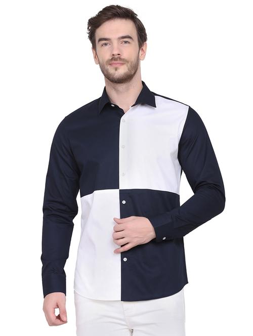 navy blue color block casual shirt - 17465073 - Very Small Image - 1