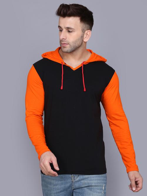 orange color block cut & sew hooded t-shirt - 17468610 - Very Small Image - 1