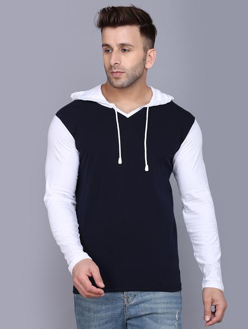 navy blue color block cut & sew hooded t-shirt - 17468611 - Very Small Image - 1