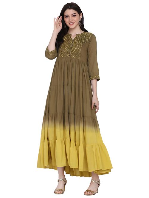 olive tiered flare ethnic dress - 17469722 - Very Small Image - 1