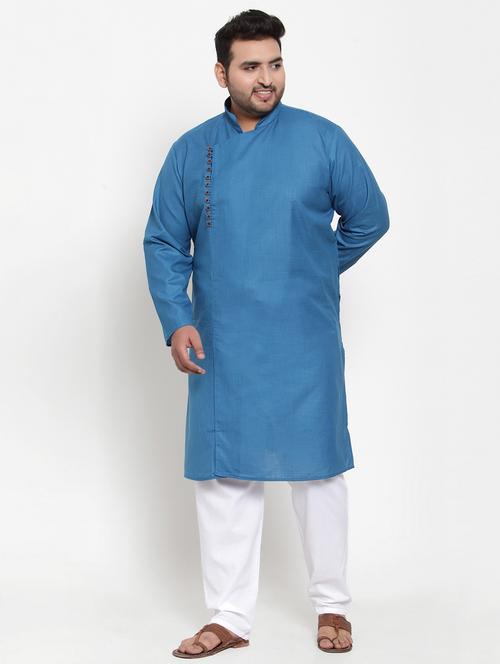 pluss blue solid kurta pyjama set - 17470905 - Very Small Image - 1