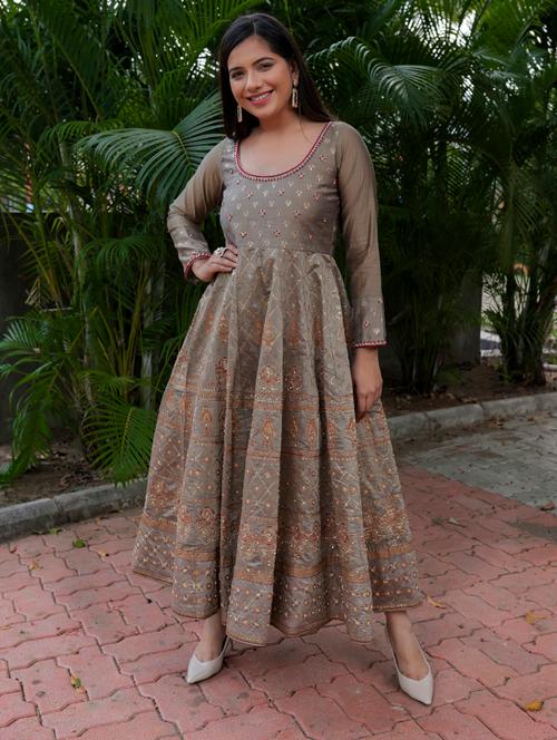 olive chanderi flared kurta - 17474602 - Very Small Image - 1