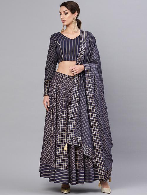 navy blue flared lehenga - 17476110 - Very Small Image - 1