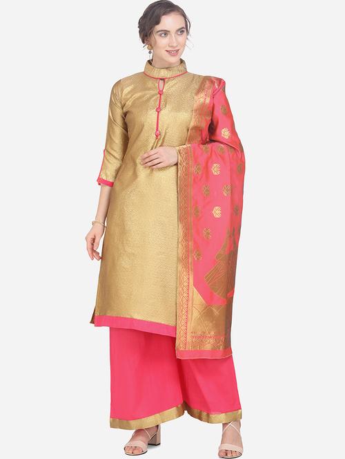 gold art silk unstitched suit - 17476843 - Very Small Image - 1