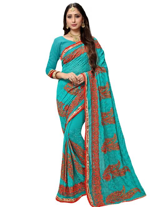 turquoise woven saree with blouse - 17478335 - Very Small Image - 1