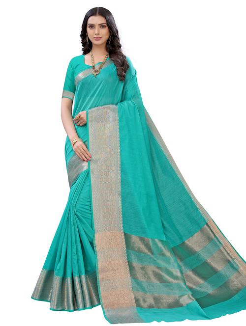 turquoise solid saree with blouse - 17478494 - Very Small Image - 1