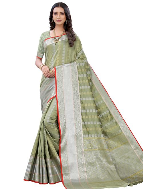 olive. silk blend banarasi saree with blouse - 17478524 - Very Small Image - 1