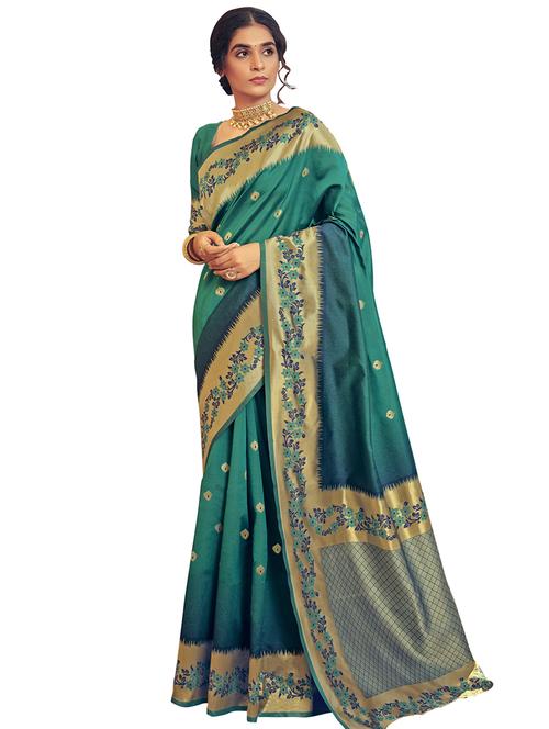 teal kanjivaram saree with blouse - 17479270 - Very Small Image - 1